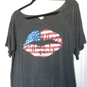 Patriotic Off the Shoulder Gray Top with Lips - Size Small